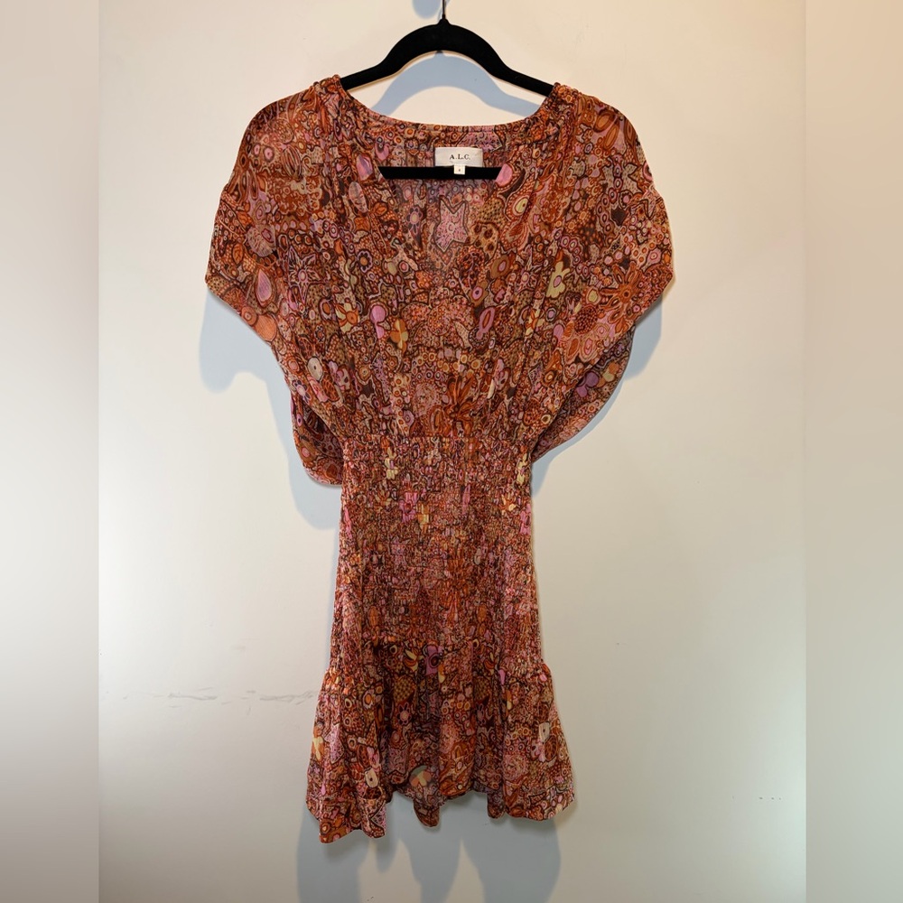 A.L.C. Paisley-Print Flutter Sleeve Dress in Pink and Brown